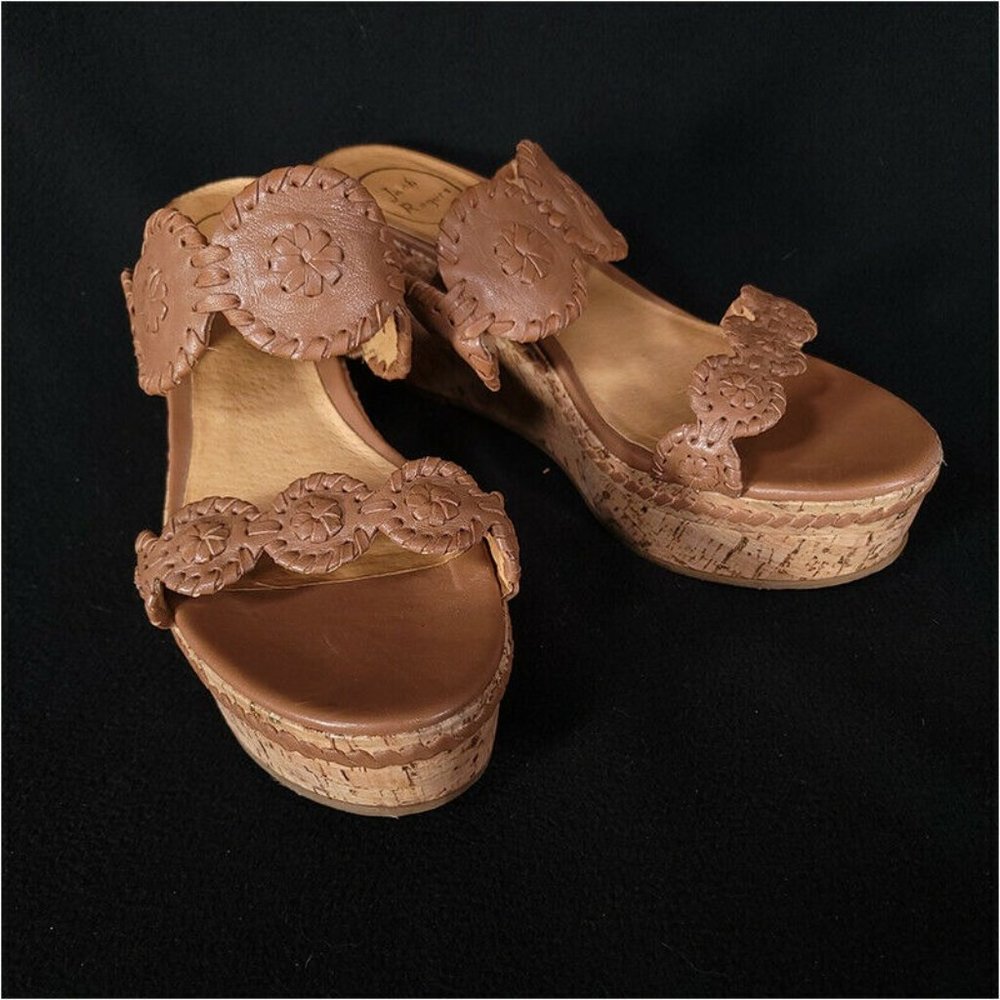 Jack Rogers Lauren Sandals Slides Brown 10 M Cork Wedge Whipstitch Leather